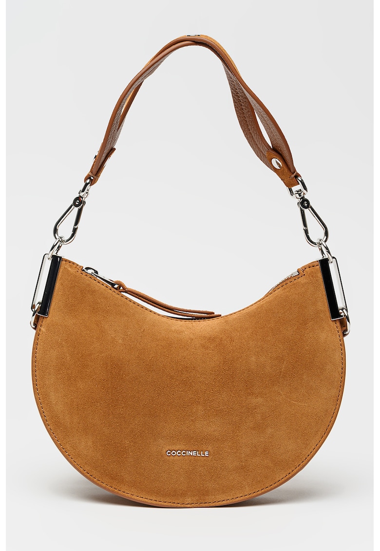 Geanta de piele intoarsa cu bareta de umar si logo Sunup - Maro scortisoara