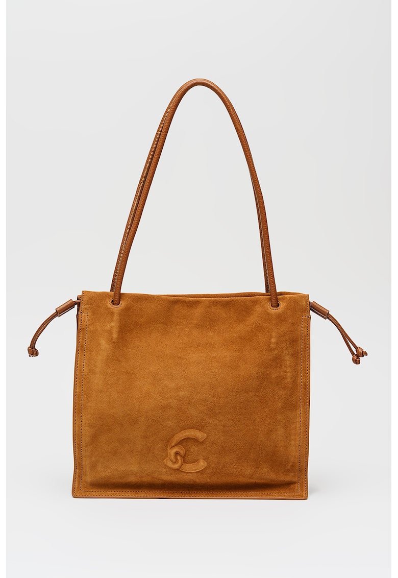 Geanta din piele intoarsa cu bareta de umar - Maro scortisoara