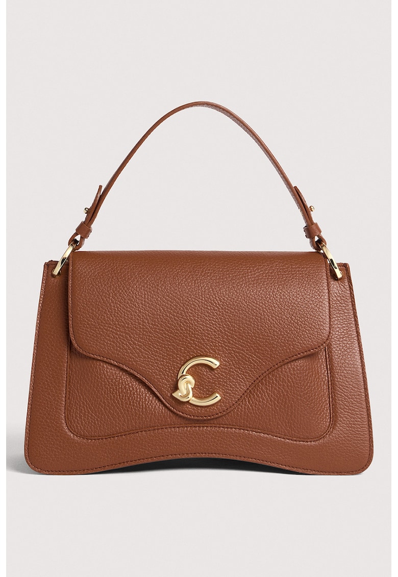 Geanta din piele cu bareta de umar detasabila si maner - Maro scortisoara