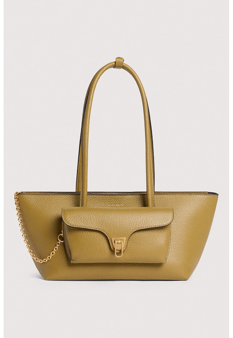 Geanta tote trapezoidala de piele Double Beat - Verde masliniu