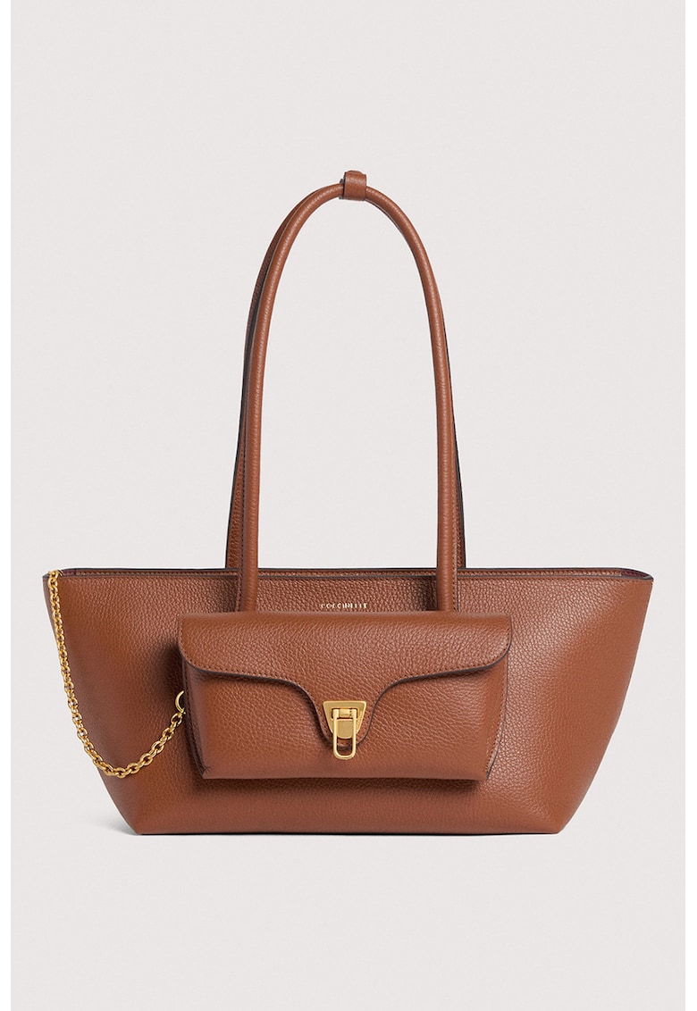 Geanta tote trapezoidala de piele Double Beat - Maro cognac