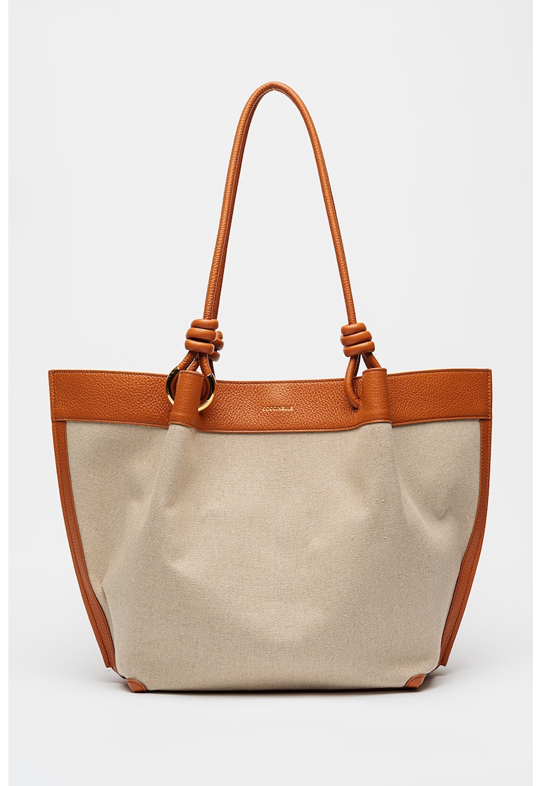 Geanta tote din material textil cu garnituri din piele - Portocaliu/Bej
