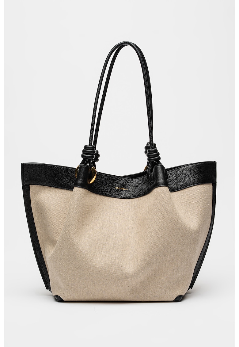 Geanta tote din material textil cu garnituri din piele - Negru/Bej