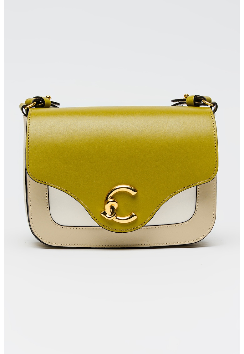 Geanta crossbody de piele cu model colorblock - Bej/Verde masliniu