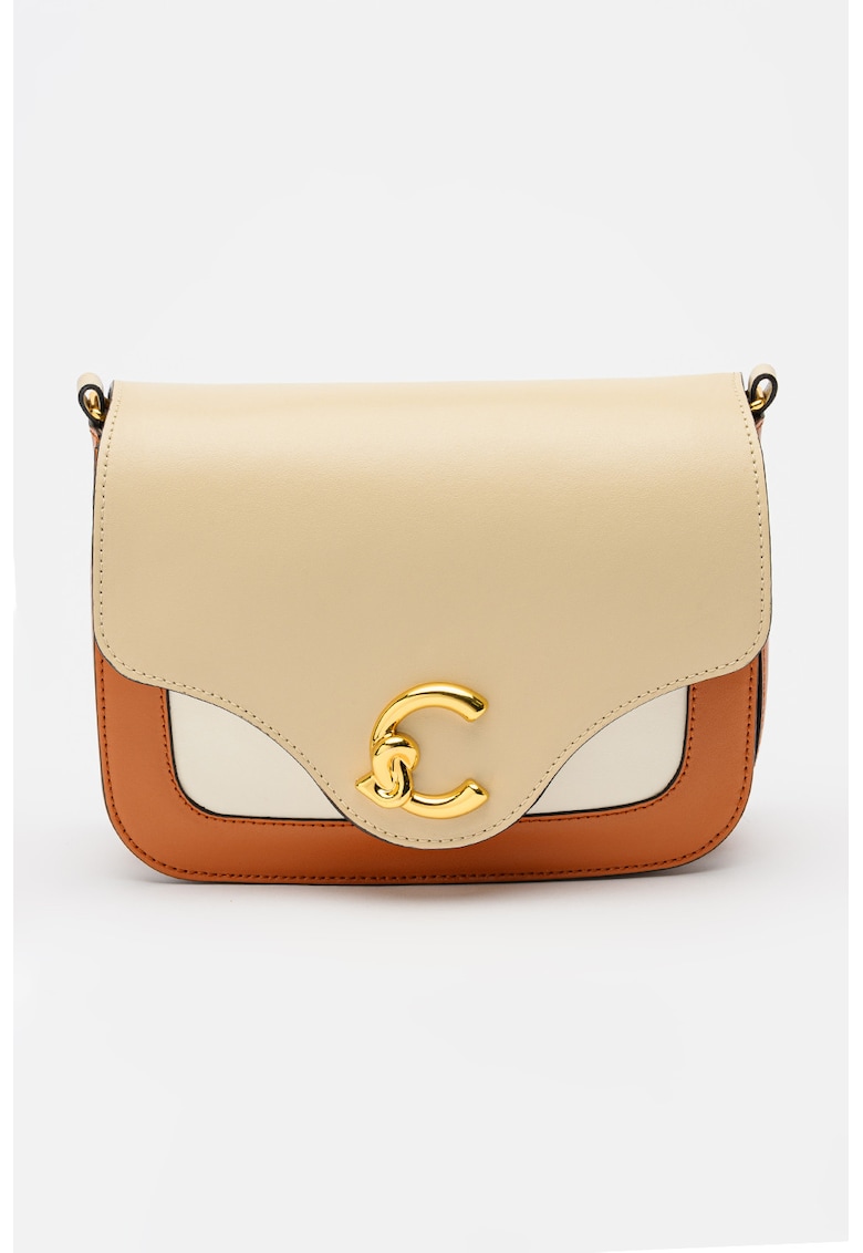 Geanta crossbody de piele cu model colorblock - Alb/Maro cognac/Bej