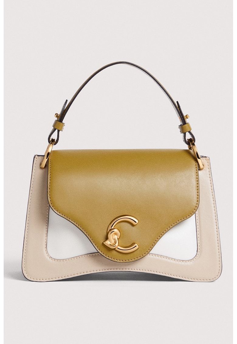 Geanta mica de piele cu maner si doua compartimente C-ME - Alb/Verde masliniu/Maro nisip