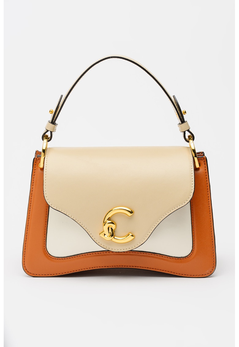 Geanta crossbody mica din piele cu doua compartimente C-ME - Alb/Maro cognac/Bej