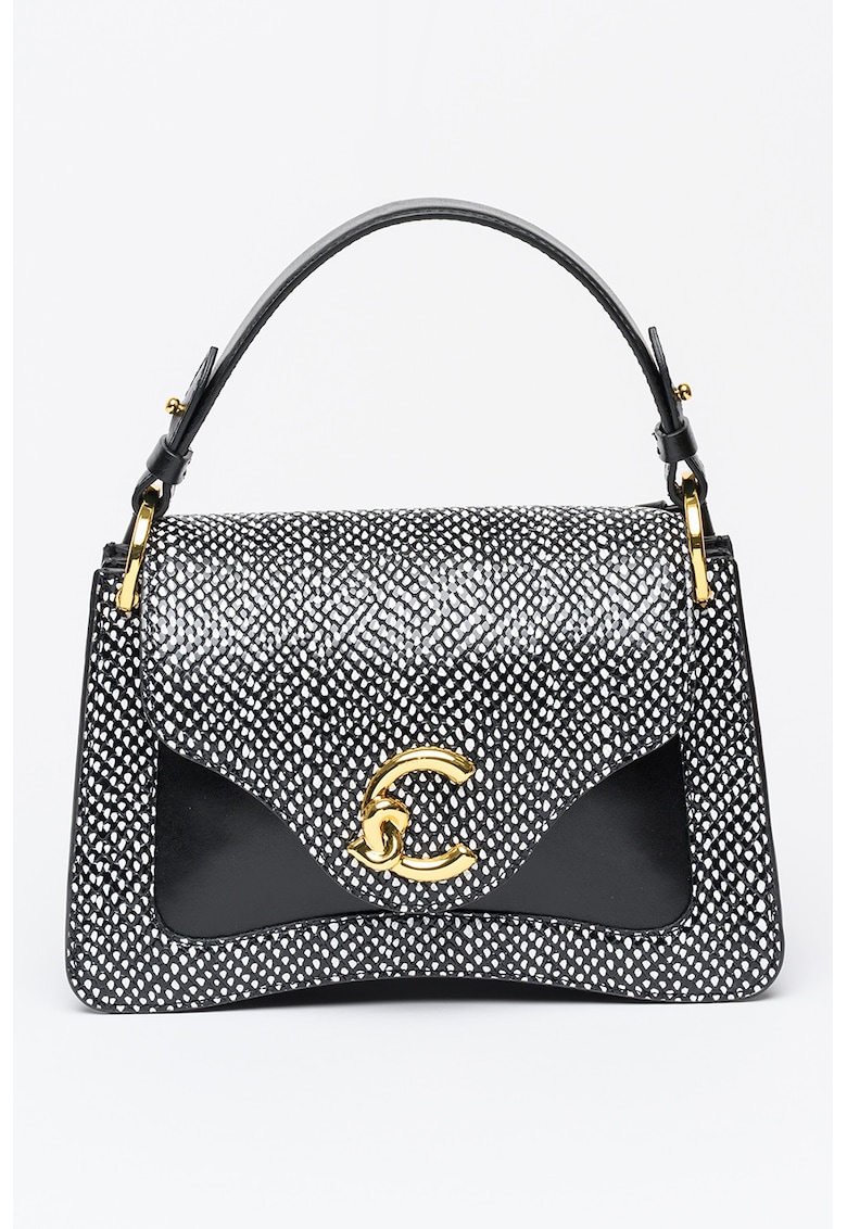 Geanta din piele cu maner si imprimeu C-Me - Negru/Alb optic