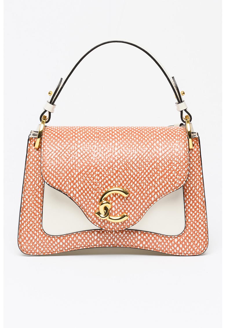 Geanta din piele cu maner si imprimeu C-Me - Caramel/Alb murdar