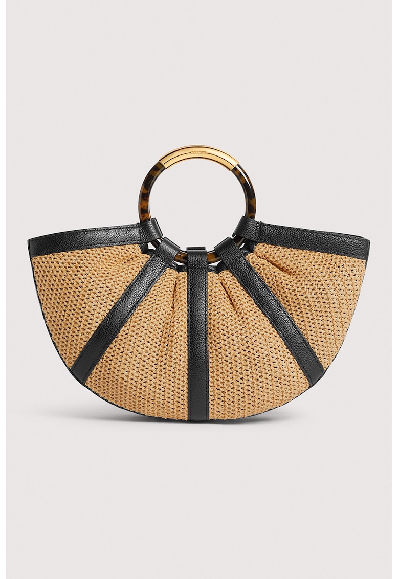 Geanta din piele si paie de hartie cu maner Shell - Negru/Maro camel