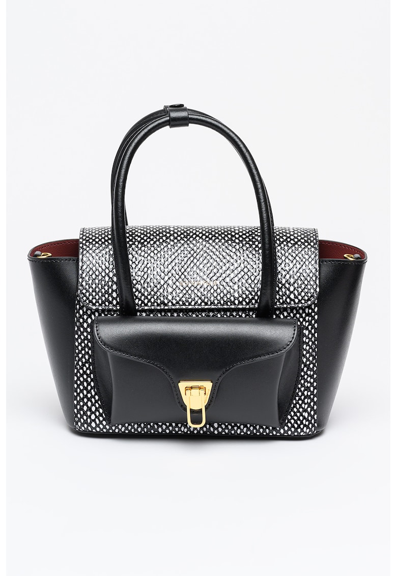 Geanta din piele cu maner si bareta aditionala Double Beat - Negru/Alb optic