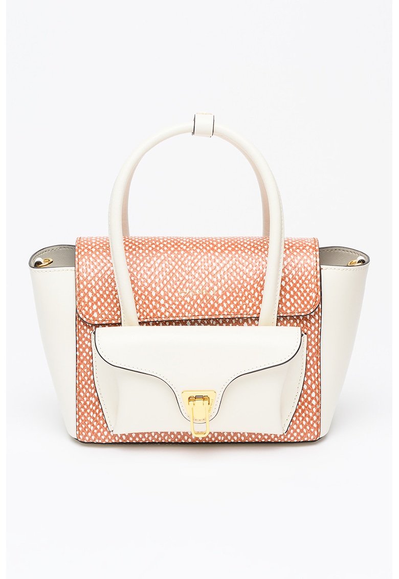 Geanta din piele cu maner si bareta aditionala Double Beat - Caramel/Alb murdar