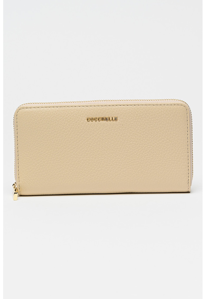 Portofel dreptunghiular de piele cu aspect granulat - Maro nisip