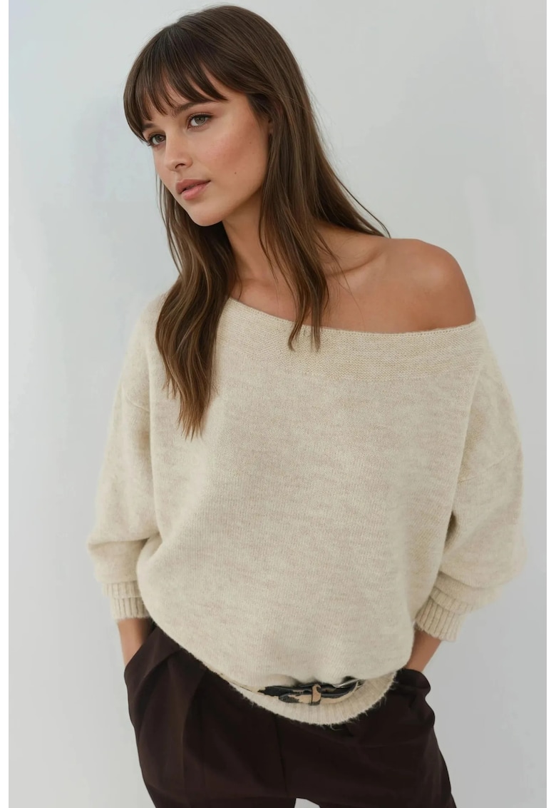 Pulover dama - tricotat moale - umeri goi - crem natural