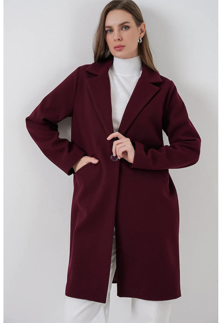 Palton dama lung - rosu burgundi - textil - cu nasturi si buzunare - Rosu Burgund -