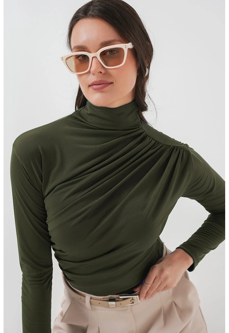 Bluza dama - HiCCUP - mulata cu guler pe gat - drapaj - verde kaki - jerseu