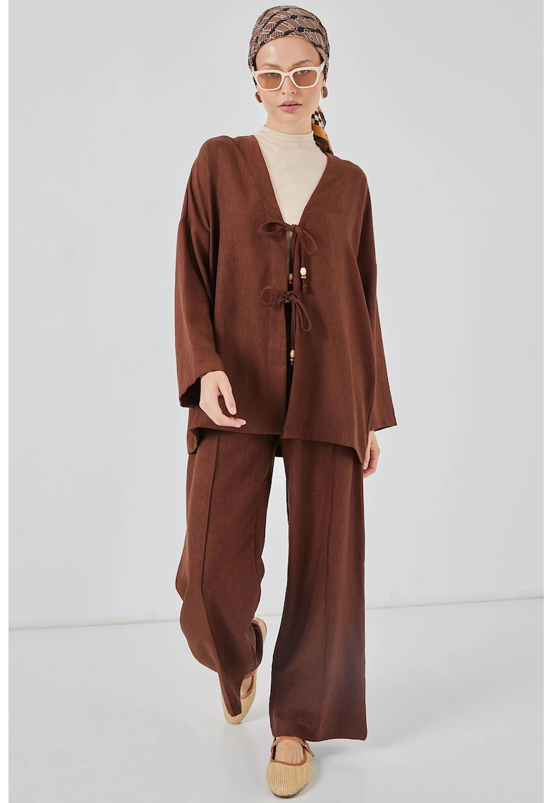 Compleu din doua piese - cardigan si pantaloni largi - maro - textil