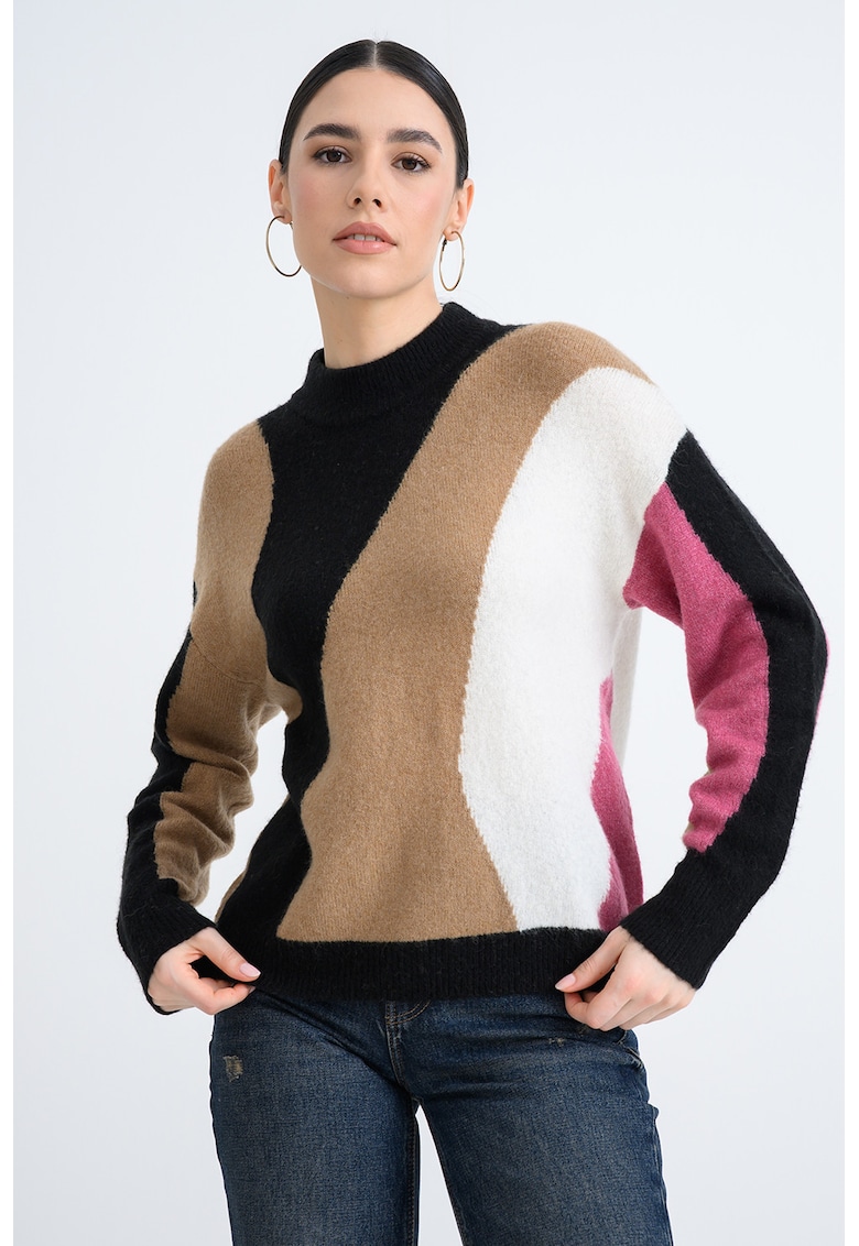 Pulover regular fit cu decolteu la baza gatului - Negru/Fucsia/Caramel