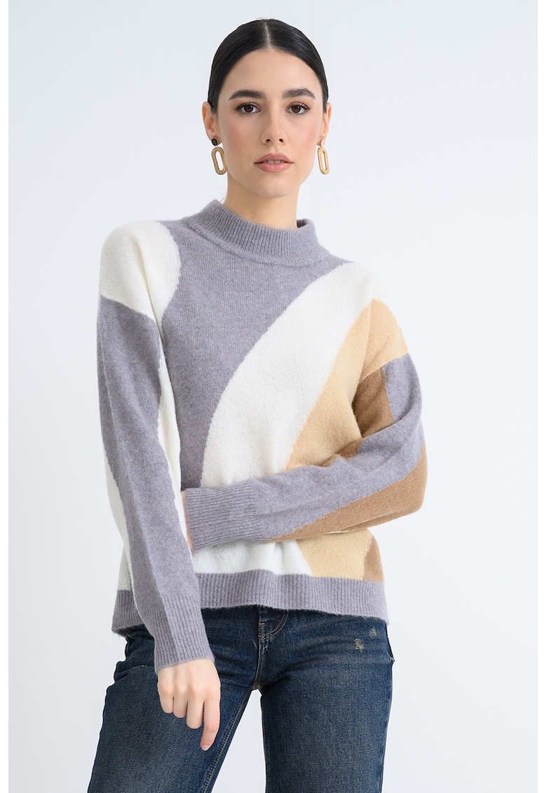 Pulover regular fit cu decolteu la baza gatului - Gri carbune/Maro deschis/Alb murdar