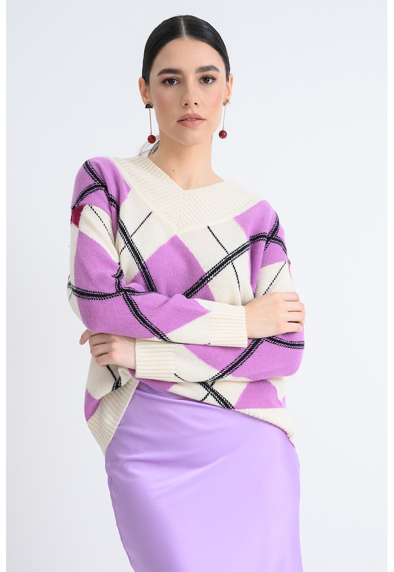 Pulover din amestec de lana cu decolteu in V - Violet deschis/Alb murdar