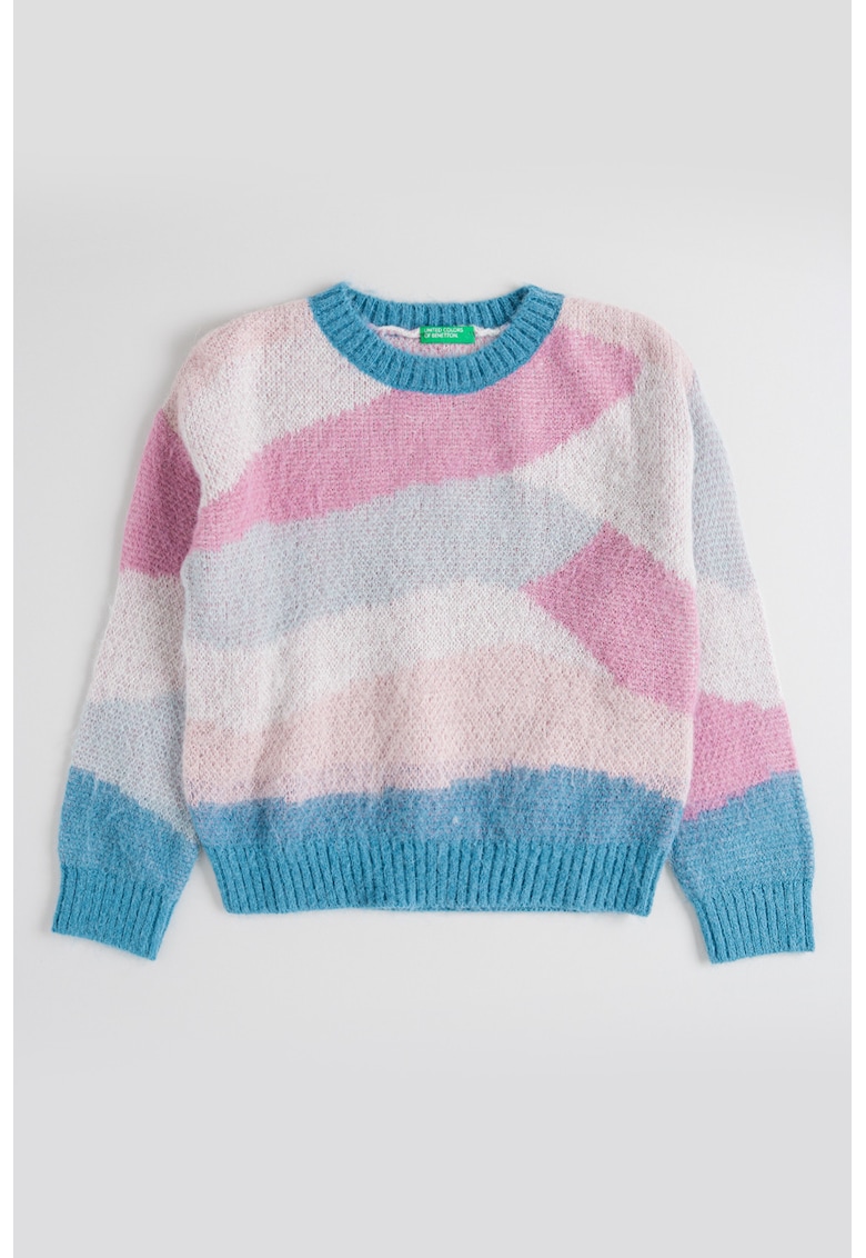 Pulover din amestec de lana cu decolteu la baza gatului - Roz deschis/Albastru deschis