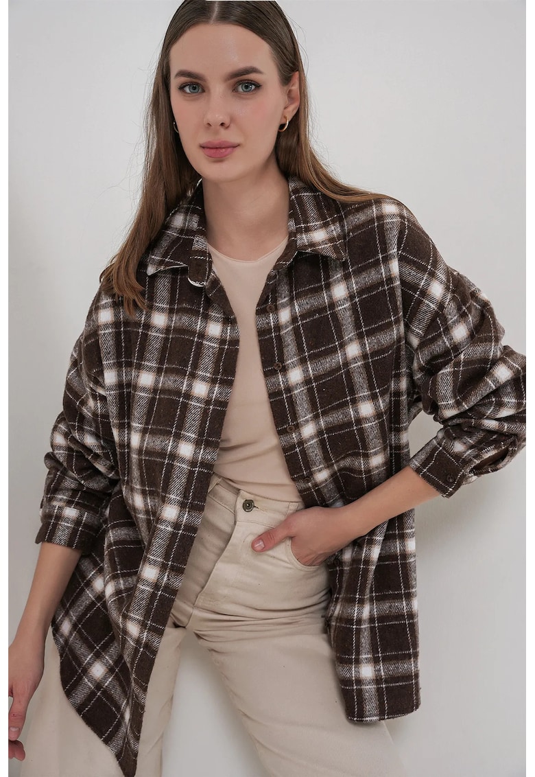Camasa dama - HiCCUP - flanel - regular fit - maro nuc - textil - Maro nuc