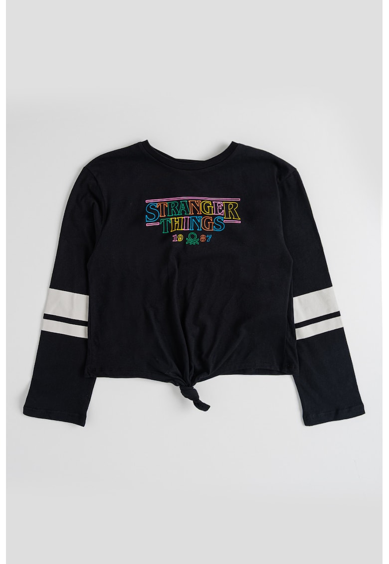 Bluza cu imprimeu cu tematica Stranger Things si detaliu nod - Negru/Grej
