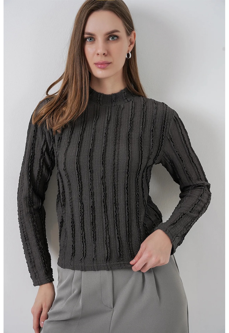 Bluza dama - HiCCUP - Bluza Texturata Slim Fit cu Guler Inalt - Gri Carbune - Jerseu