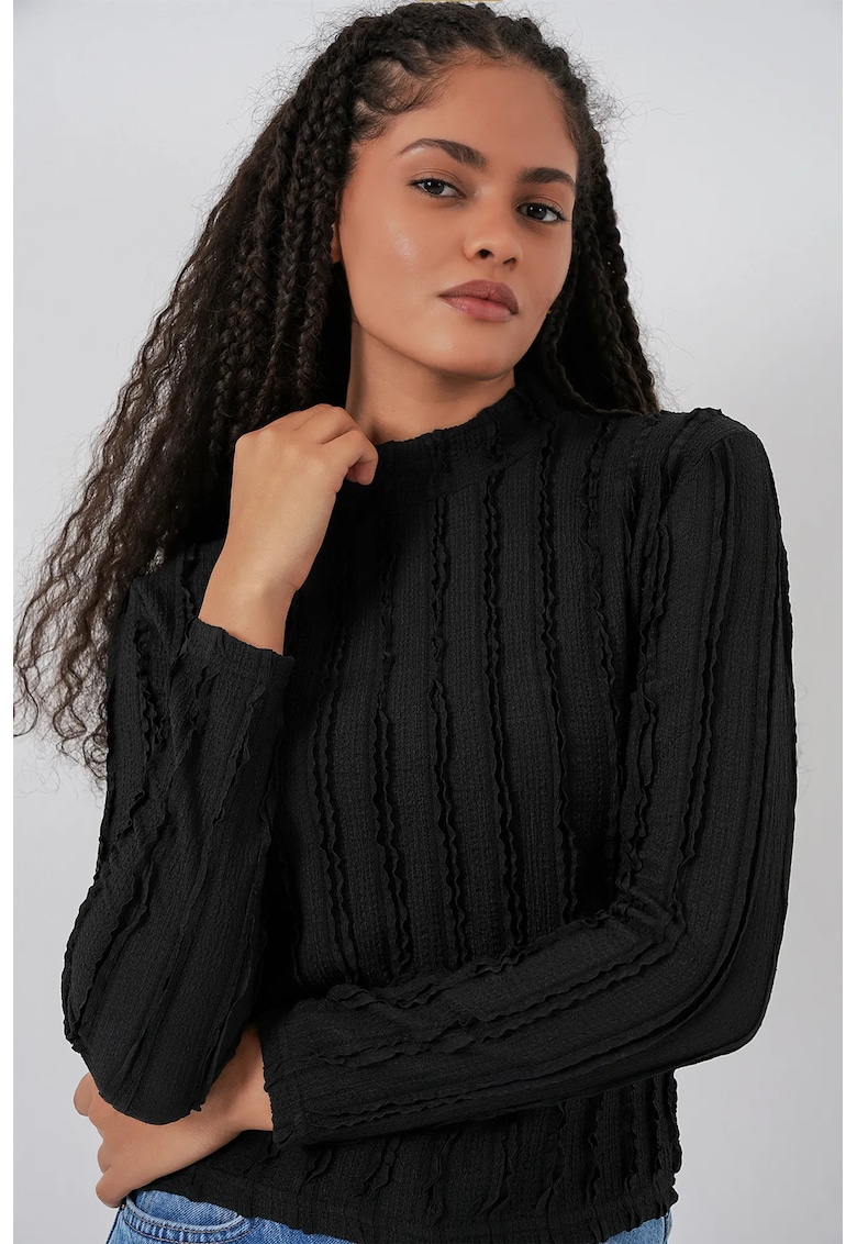 Bluza dama - HiCCUP - Texturata Slim Fit - Guler Inalt - Negru - Jerseu