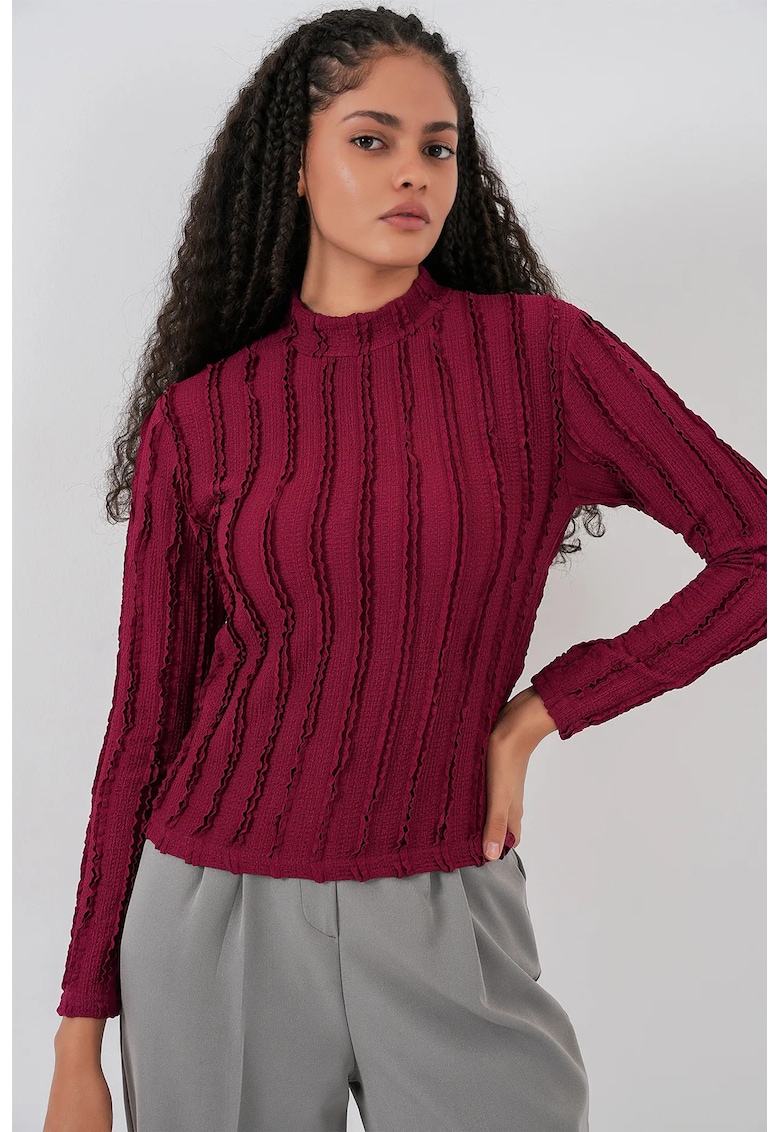 Bluza dama - HiCCUP - Bluza Texturata Slim Fit cu Guler Inalt - Rosu Burgundi - Jerseu