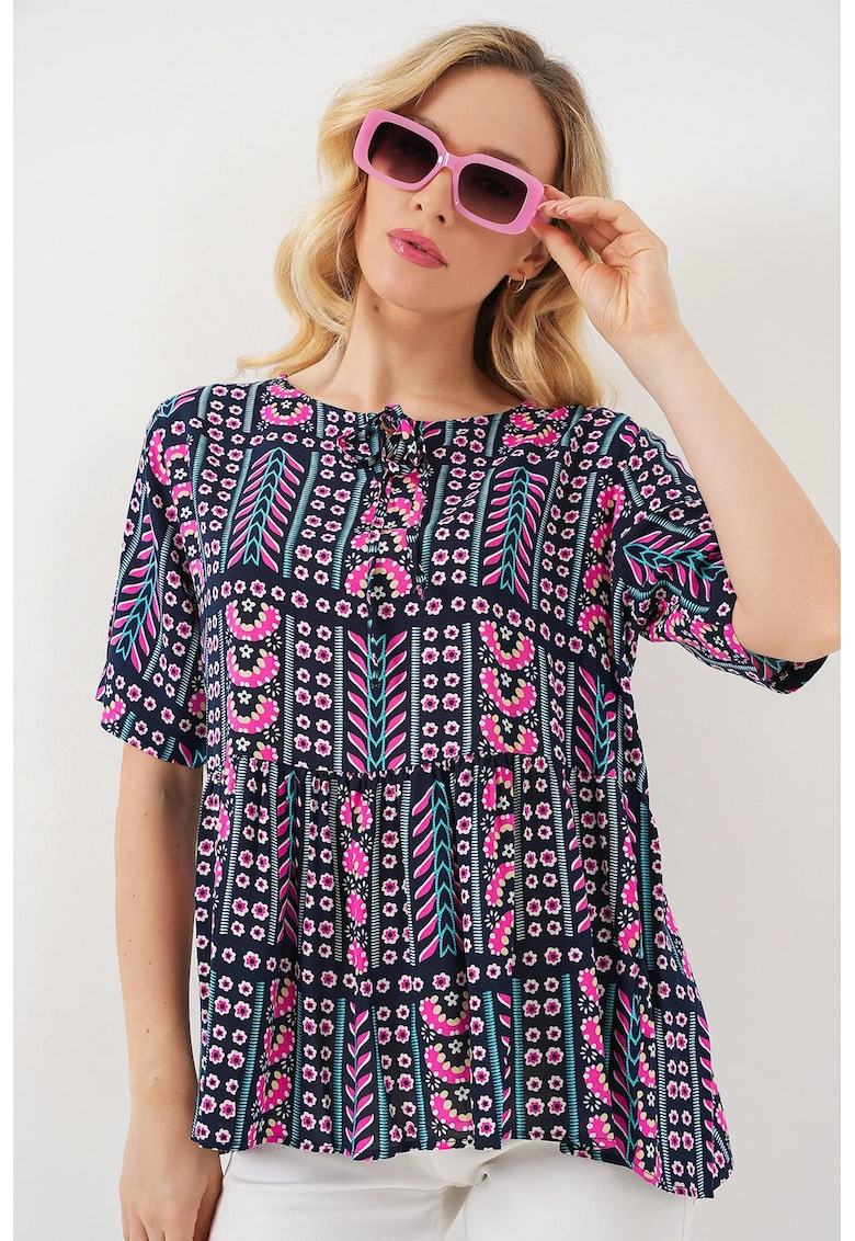 Bluza dama - bluza cu guler rotund si imprimeu - albastru marin - textil - Albastru marin -