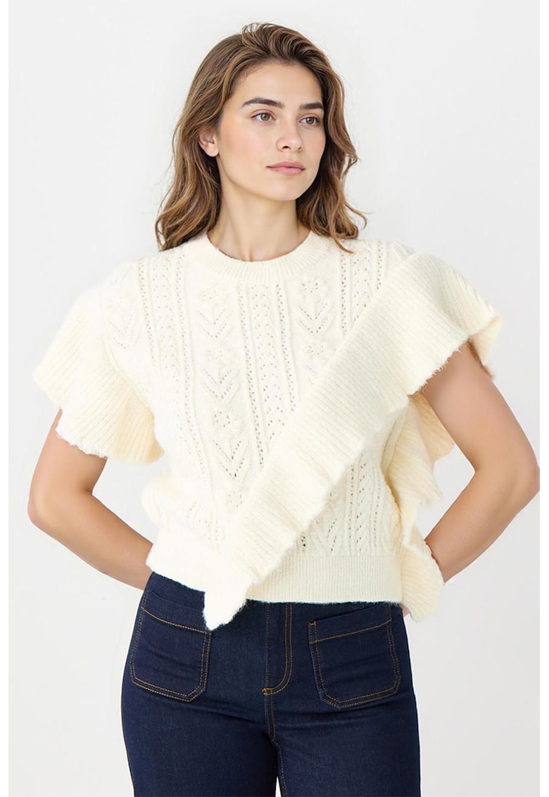 Pulover cu decolteu la baza gatului si segment drapat - Alb fildes