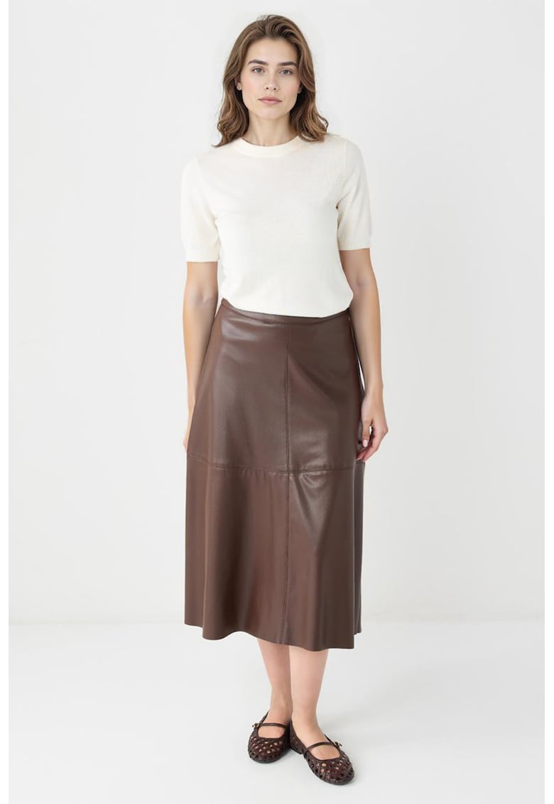 Fusta midi de piele ecologica - Maro