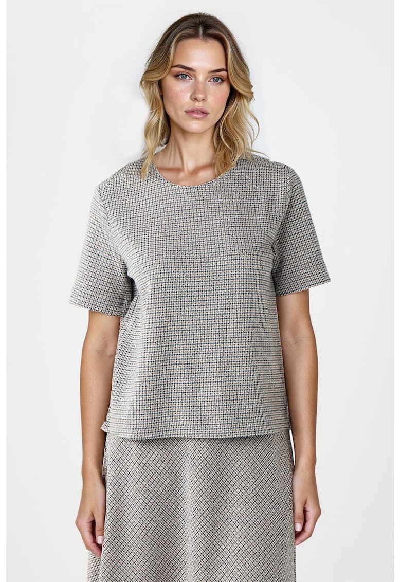 Bluza cu decolteu rotund si maneci scurte - Gri deschis/Albastru inchis