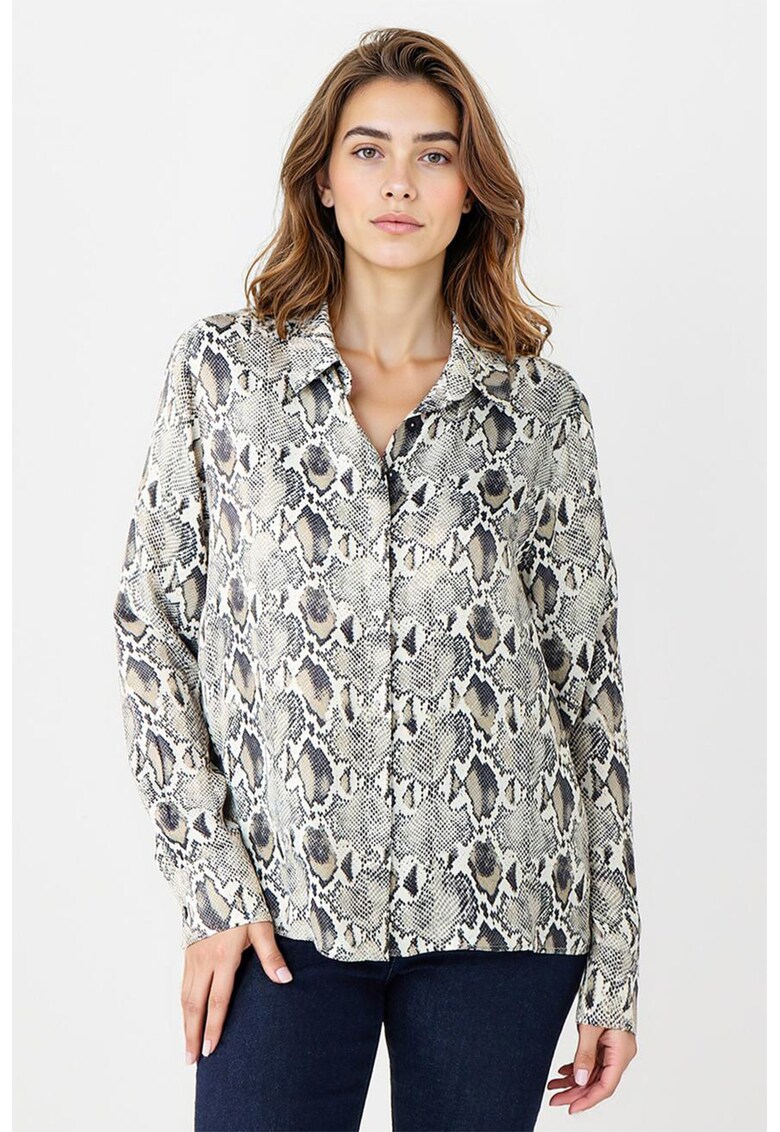 Camasa cu nasturi si animal print - Alb/Gri/Maro taupe