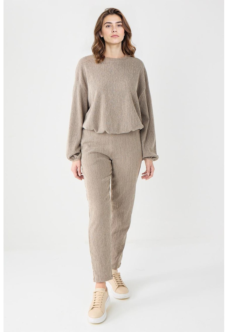 Pantaloni drepti texturati Mink - Bej melange