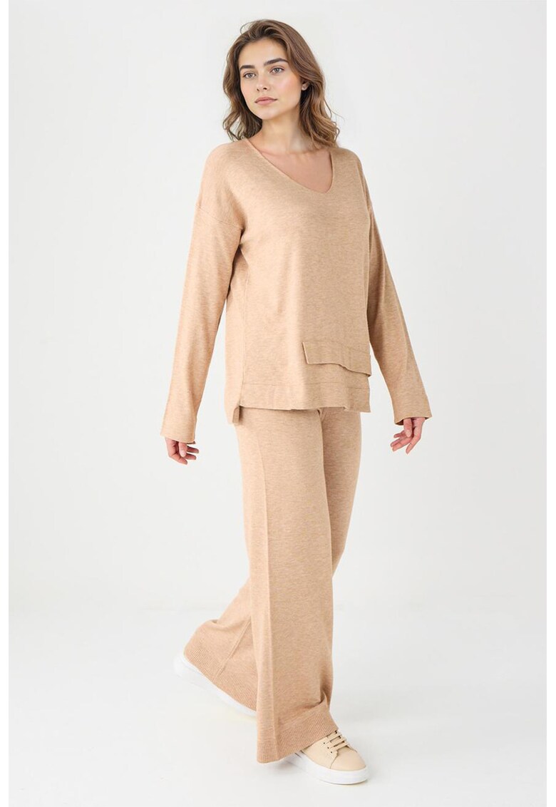 Pantaloni cu croiala ampla si talie inalta - Bej melange