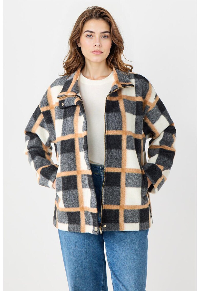 Jacheta in carouri cu buzunare laterale - Alb/Portocaliu/Gri inchis