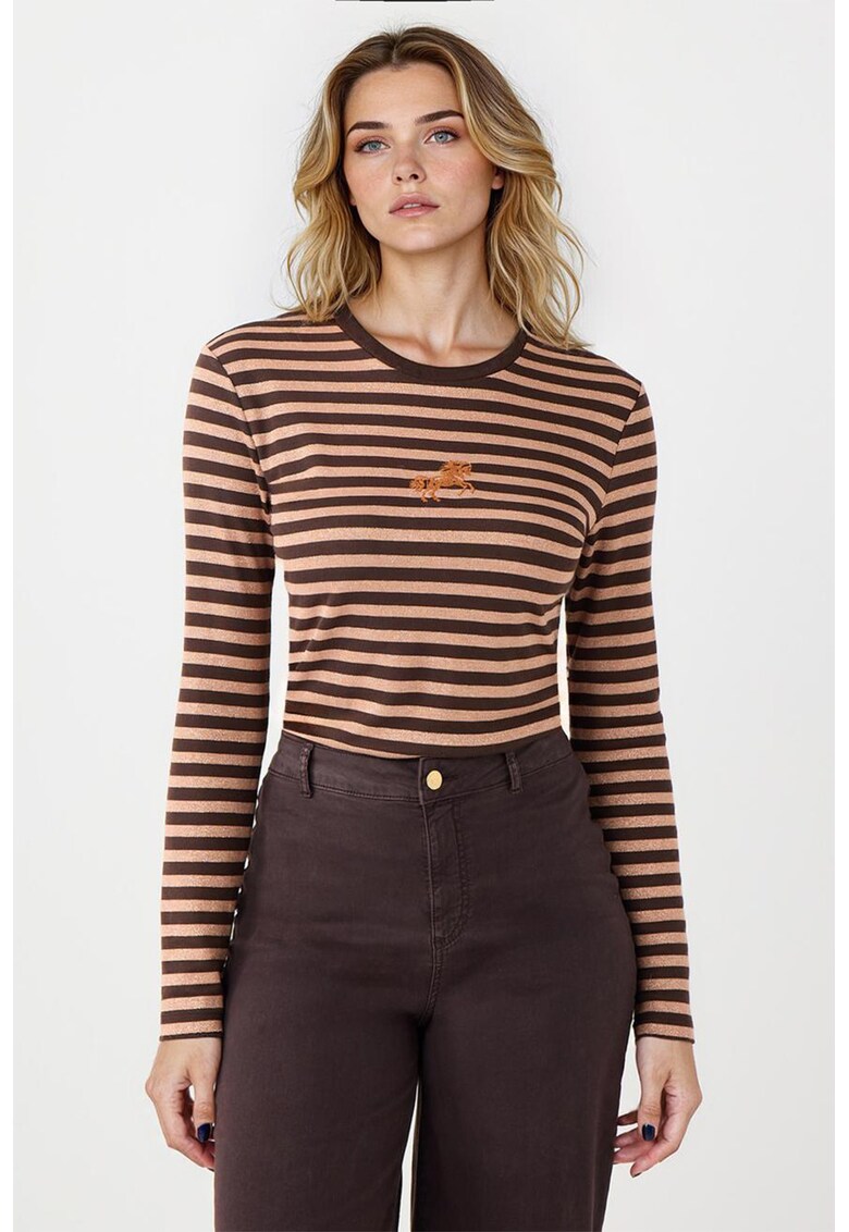 Bluza cu dungi si decolteu rotund - Maro inchis/Bej