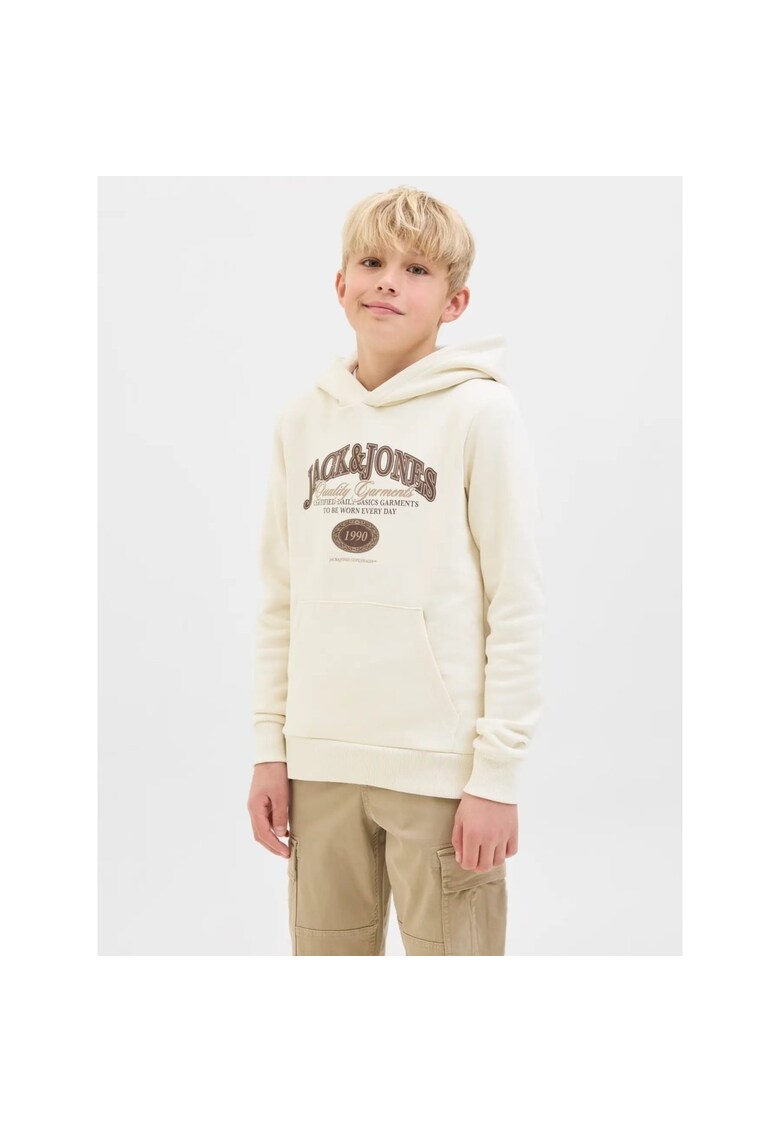 Hanorac baieti cu imprimeu cu logo si buzunar tip marsupiu - Crem - Crem