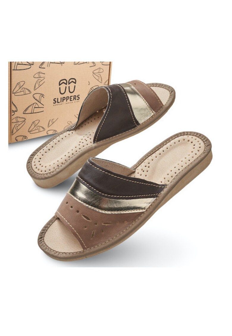Slapi de dama - SLIP117 - pentru casa - maro cu bareta aurie - confortabili - in cutie ecologica - Maro