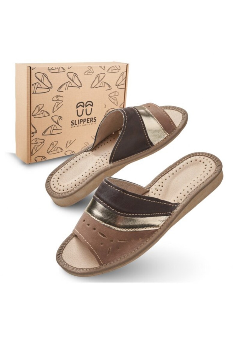 Slapi de dama - SLIP117 - pentru casa - maro cu bareta aurie - confortabili - in cutie ecologica - marimea