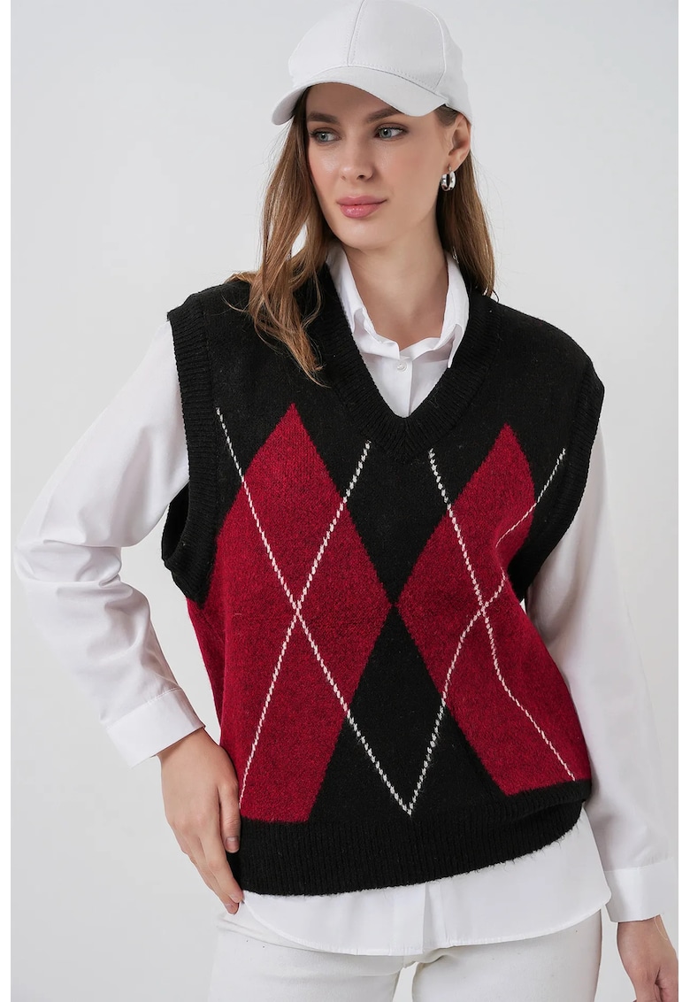 Pulover dama - vesta tricotata Argyle - tricot - Negru -