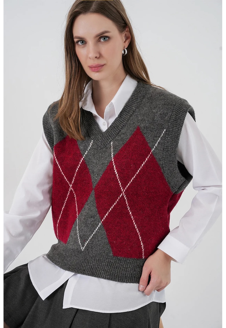 Pulover dama - BigDart - vesta tricotata Argyle - tricot - Gri carbune -