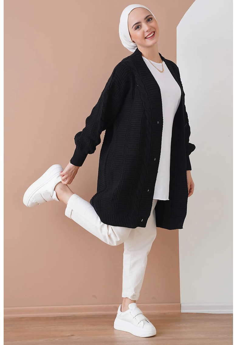 Pulover dama - cardigan jacquard cu nasturi - decolteu in V - tricot - Negru -