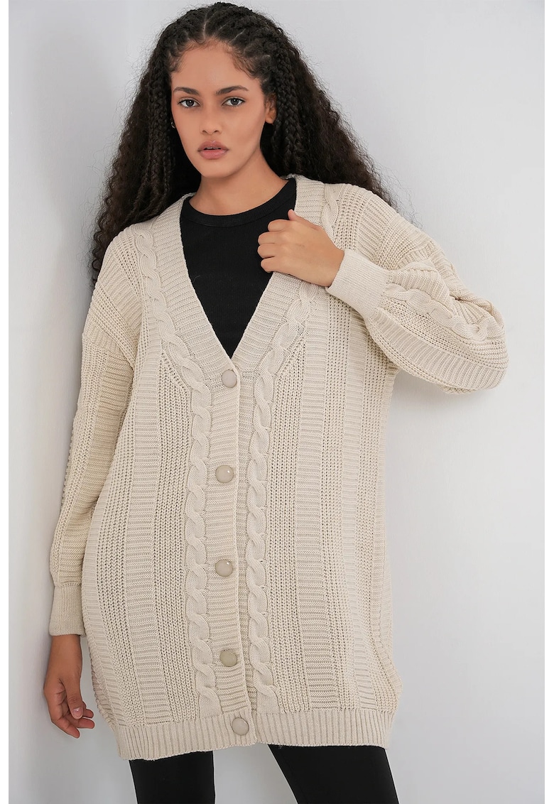 Pulover dama - cardigan jacquard cu nasturi - decolteu in V - tricot - Crema naturala -
