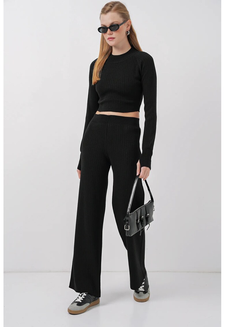 Set tricotat pulover scurt si pantaloni largi - negru - tricot -