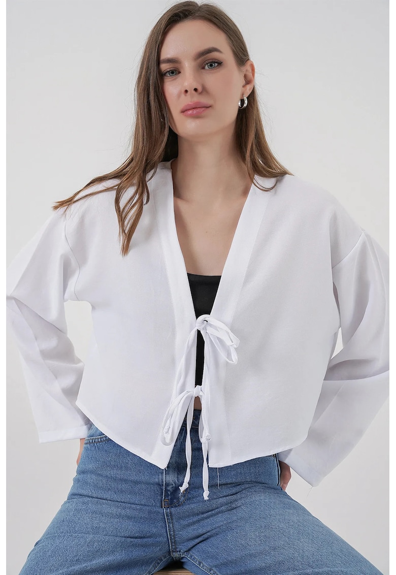 Bluza dama - Femei - Kimono BDART din amestec de viscoza - cu decolteu in V si maneca lunga - cu detalii de legaturi - Alb -