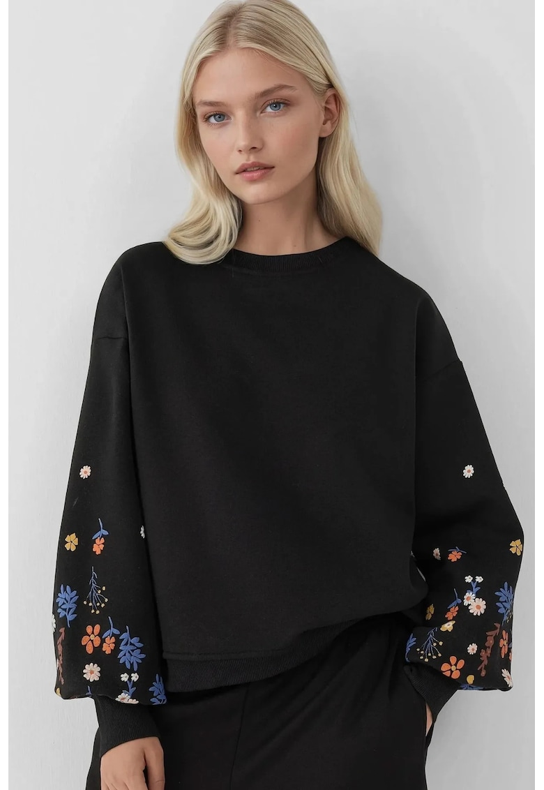 Hanorac dama - cu gat rotund - maneca lunga - negru - textil