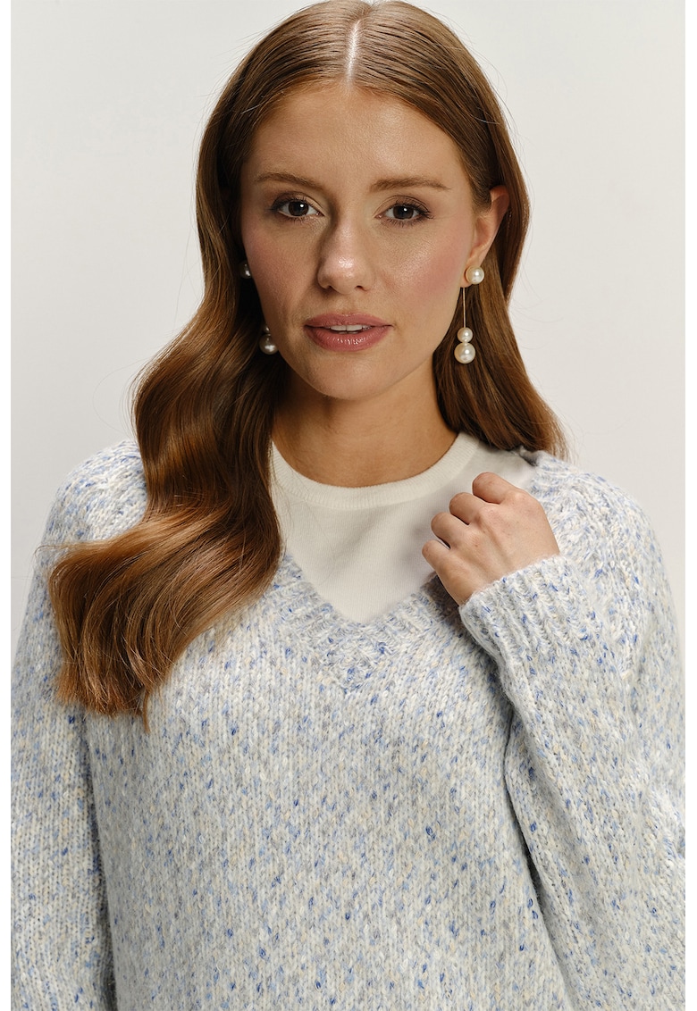 Pulover regular fit cu decoltey in V - Albastru deschis melange